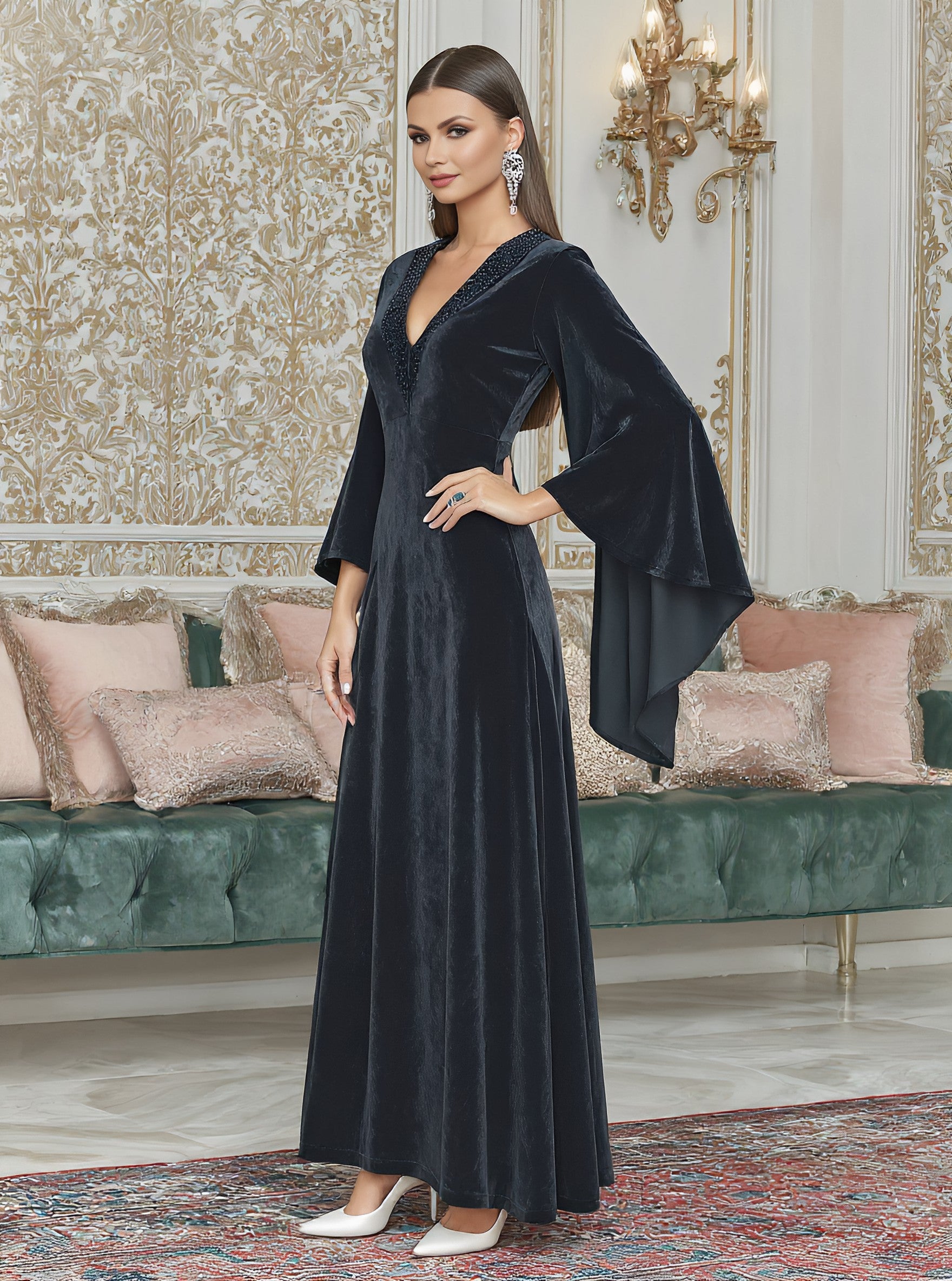 Casual Mid-Length Dress With Pleated Sleeves And V-Neck Design For Autumn Season Body-Fitting Muslim Fashion Dress