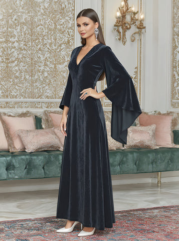 Casual Mid-Length Dress With Pleated Sleeves And V-Neck Design For Autumn Season Body-Fitting Muslim Fashion Dress