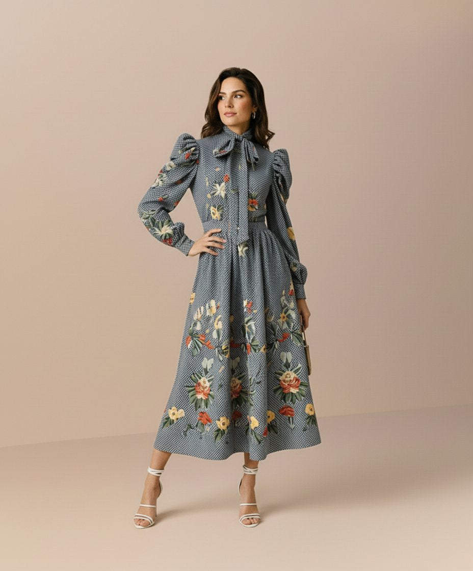 Autumn Winter Casual Dress Mid-Length A-Line Skirt Style With Bow Tie Neck And Lamb Leg Sleeve Body-Fitting Fashion