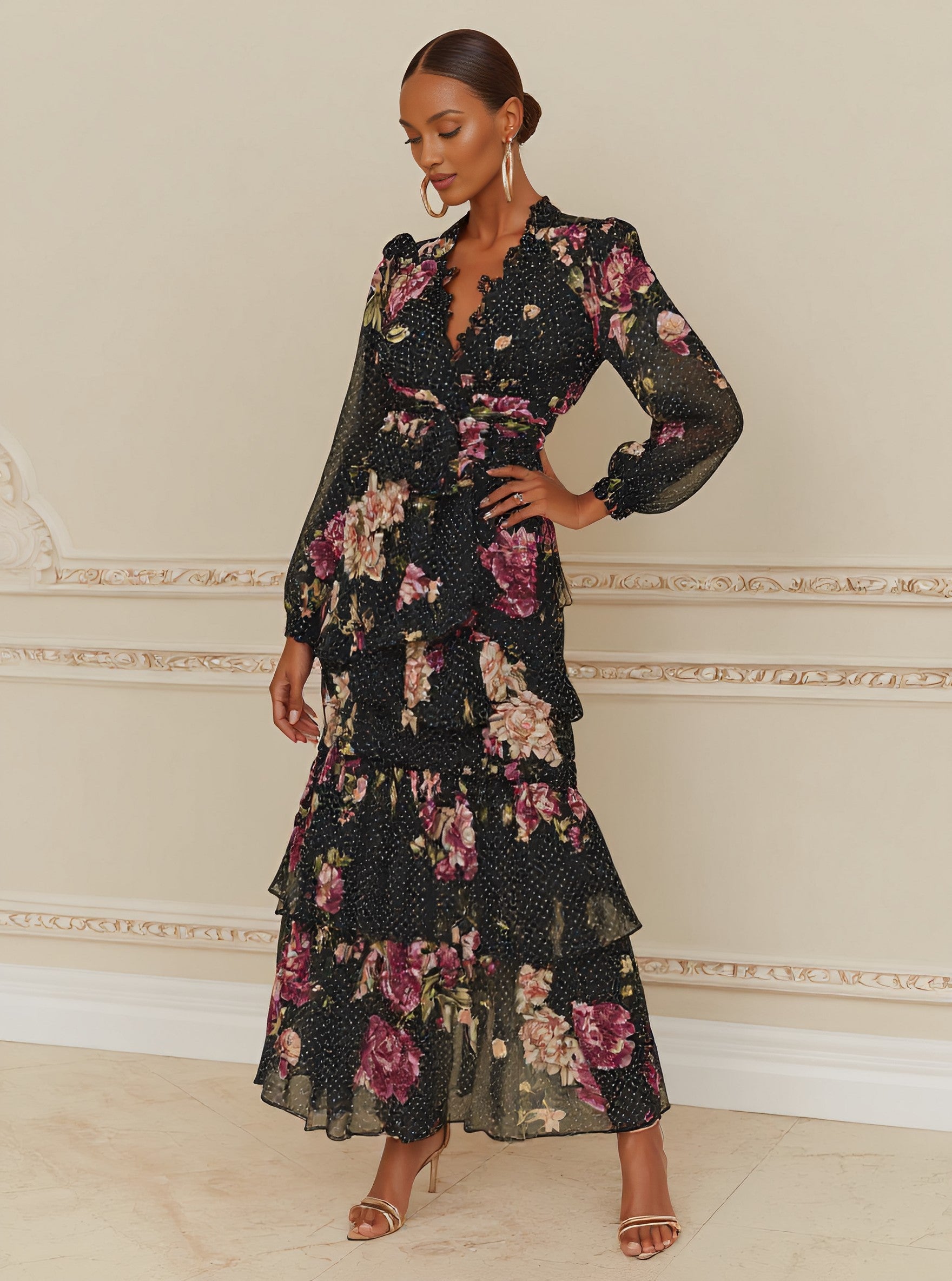 Autumn Casual Fit A-Line Dress Mid-Length Skirt V-Neck Straight Sleeve Midi Dress Elegant Comfortable Women's Fashion