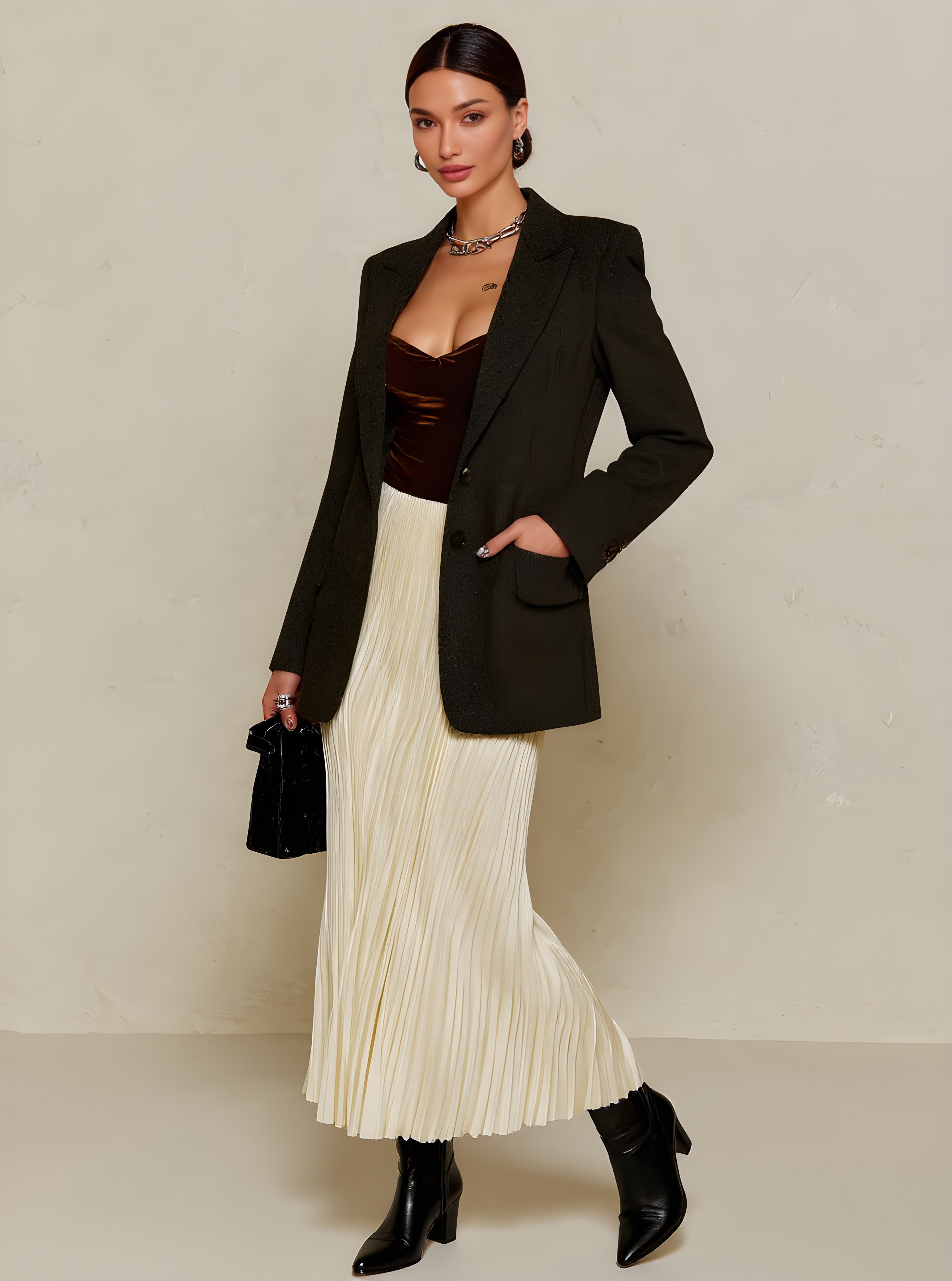 Autumn Winter Skirts 2025 Women's Simple Elegant Plain A-Line High Waist Draped Midi Pleated Skirts