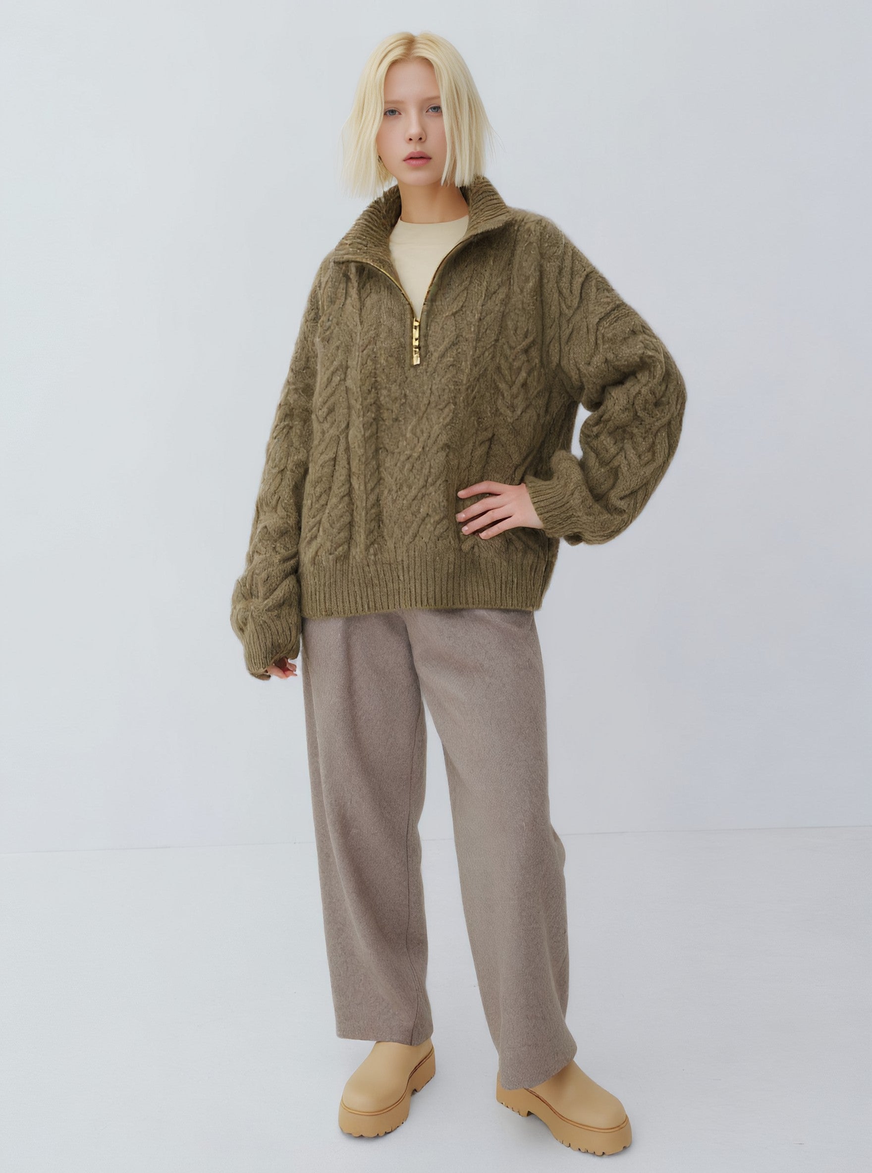 Loose Fit Long Sleeve Sweater Winter Casual Style Turn-down Collar Straight Tube Sleeve Regular Length Women's Top