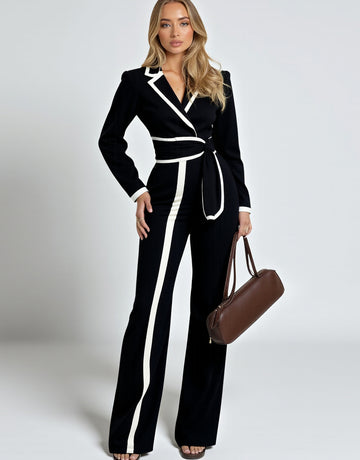 Autumn Women's Jumpsuits Decent Basics Contrast Color Asymmetrical Long Sleeve V-Neck Ankle Jumpsuits