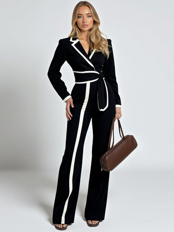 Autumn Women's Jumpsuits Decent Basics Contrast Color Asymmetrical Long Sleeve V-Neck Ankle Jumpsuits