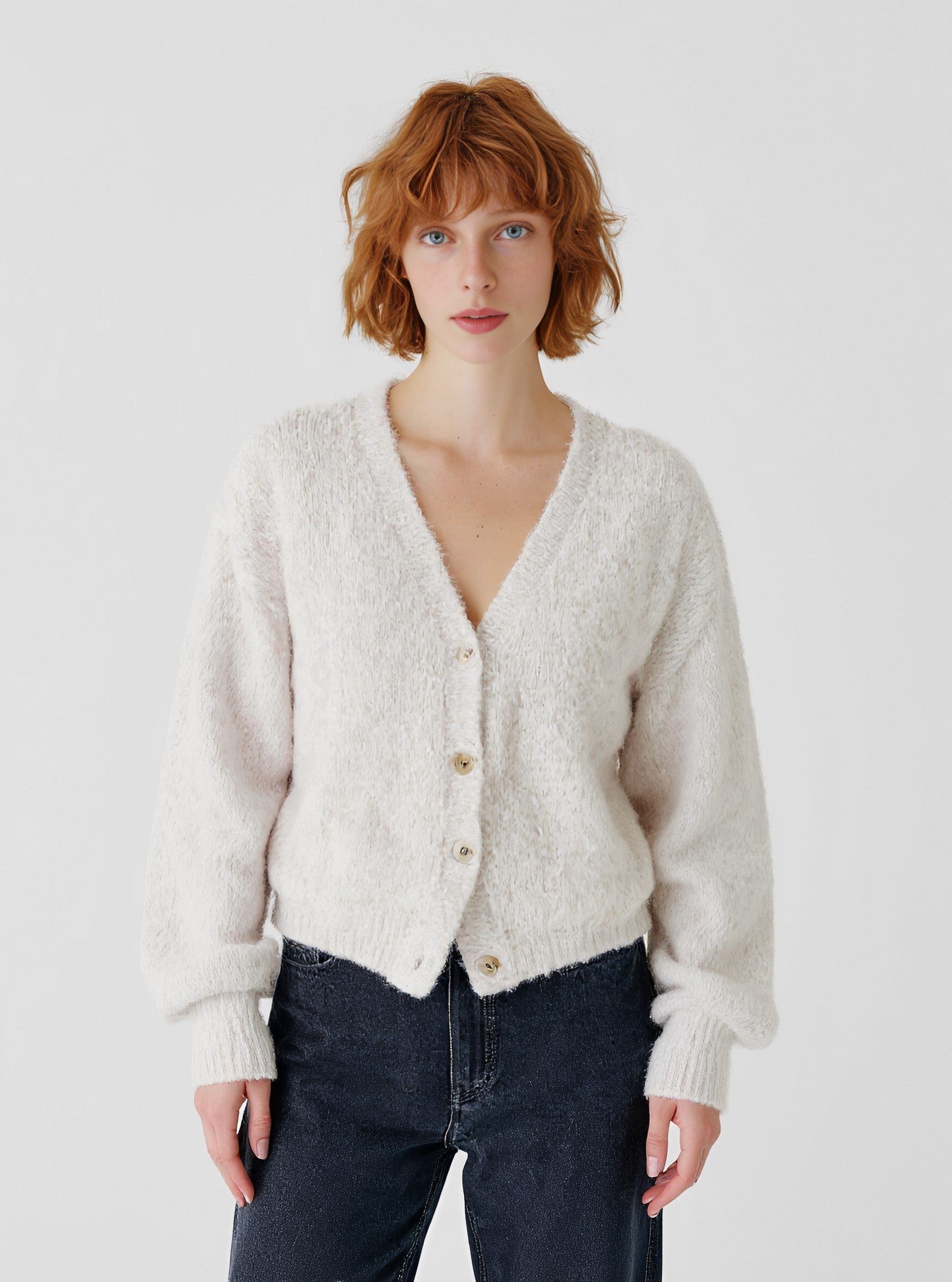 Loose Long Sleeve V-Neck Cardigan Winter Clothes Casual Style Straight Tube Sleeves Regular Length Women's Open-Shirt