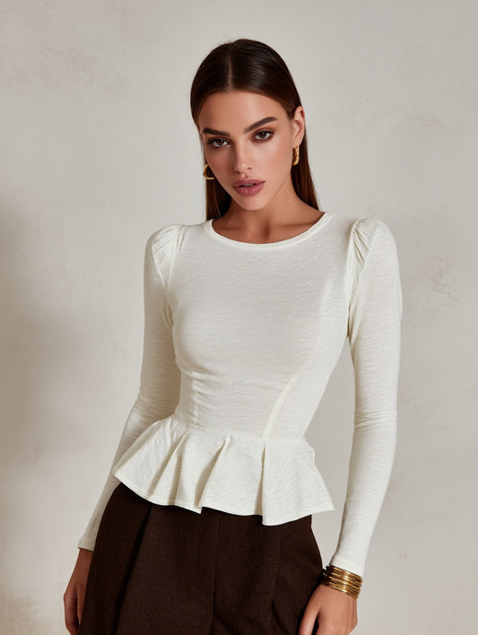 Autumn T-Shirts 2025 Women's Simple Elegant Plain Long Sleeve Round-Neck Puffy Daily Basic T-Shirts