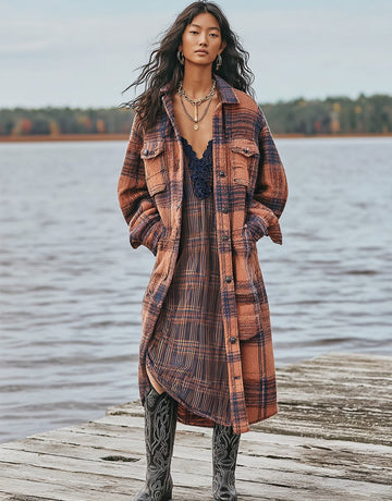 Casual Style Regular Length Coat Spring Dress Autumn Fashion Women's Top Outerwear Long Sleeve Plaid