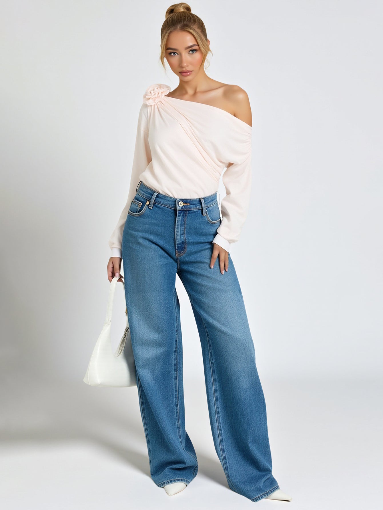 Women's 2025 Autumn Sexy Solid Color Long Sleeve One-Shoulder Three-Dimensional Decoration Daily T-Shirts