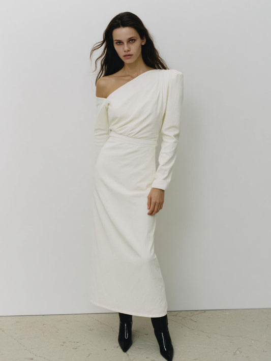 Autumn Dresses 2025 Women's Sexy Plain Long Sleeve One-Shoulder A-Line Midi Dating Dresses