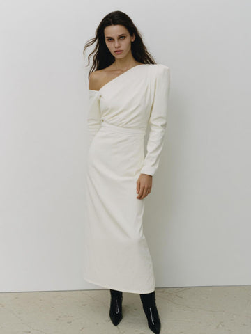 Autumn Dresses 2025 Women's Sexy Plain Long Sleeve One-Shoulder A-Line Midi Dating Dresses