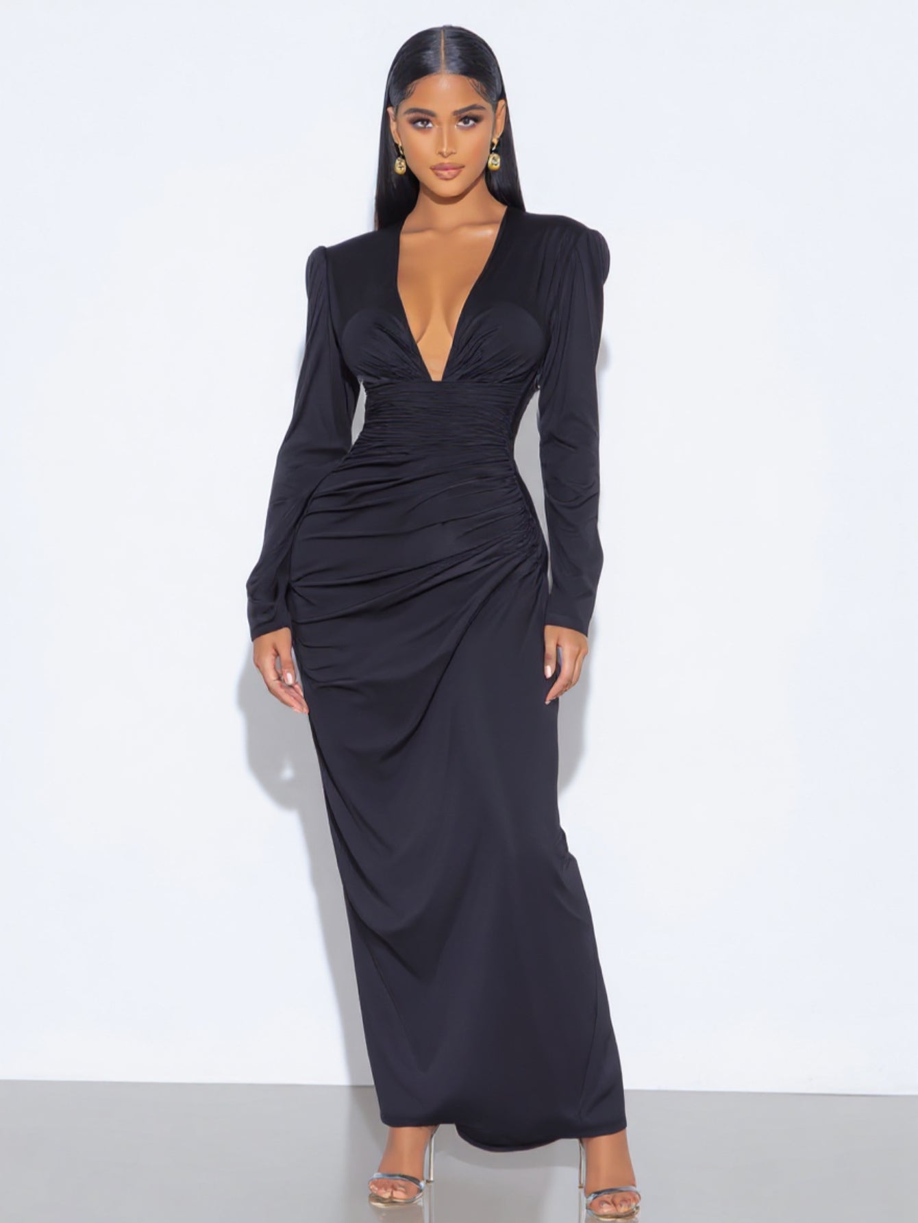 Women's 2025 Autumn Chic Dresses Long Sleeve Plunge Neck Plain Daily Skinny Fit Dresses