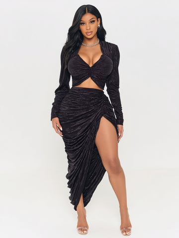 Women's Sets Autumn Dating Sexy Plain Side Slit Ruched Long Sleeve Sweetheart Neck
Midi Pencil Skirts Sets