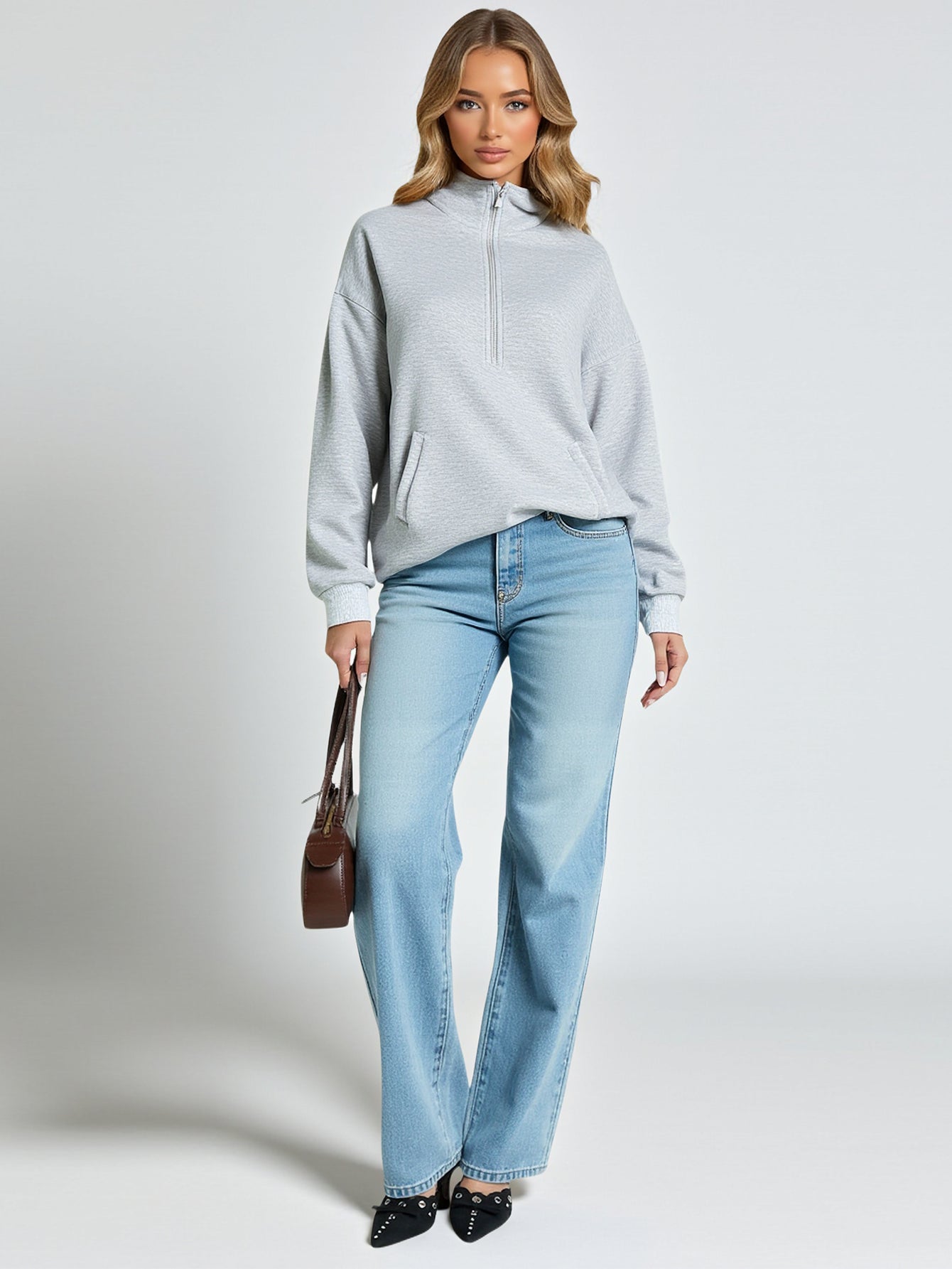 Boutique Women's Hoodie Autumn Casual 2025 Plain Stand Collar Long Sleeve Regular Fit Hip Length Daily Hoodie