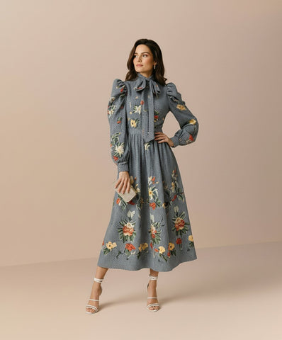 Autumn Winter Casual Dress Mid-Length A-Line Skirt Style With Bow Tie Neck And Lamb Leg Sleeve Body-Fitting Fashion