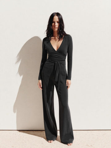 Autumn Jumpsuits 2025 Women's Sexy Plain Long Sleeve V-Neck Full Length Wide Leg Streetwear Jumpsuits