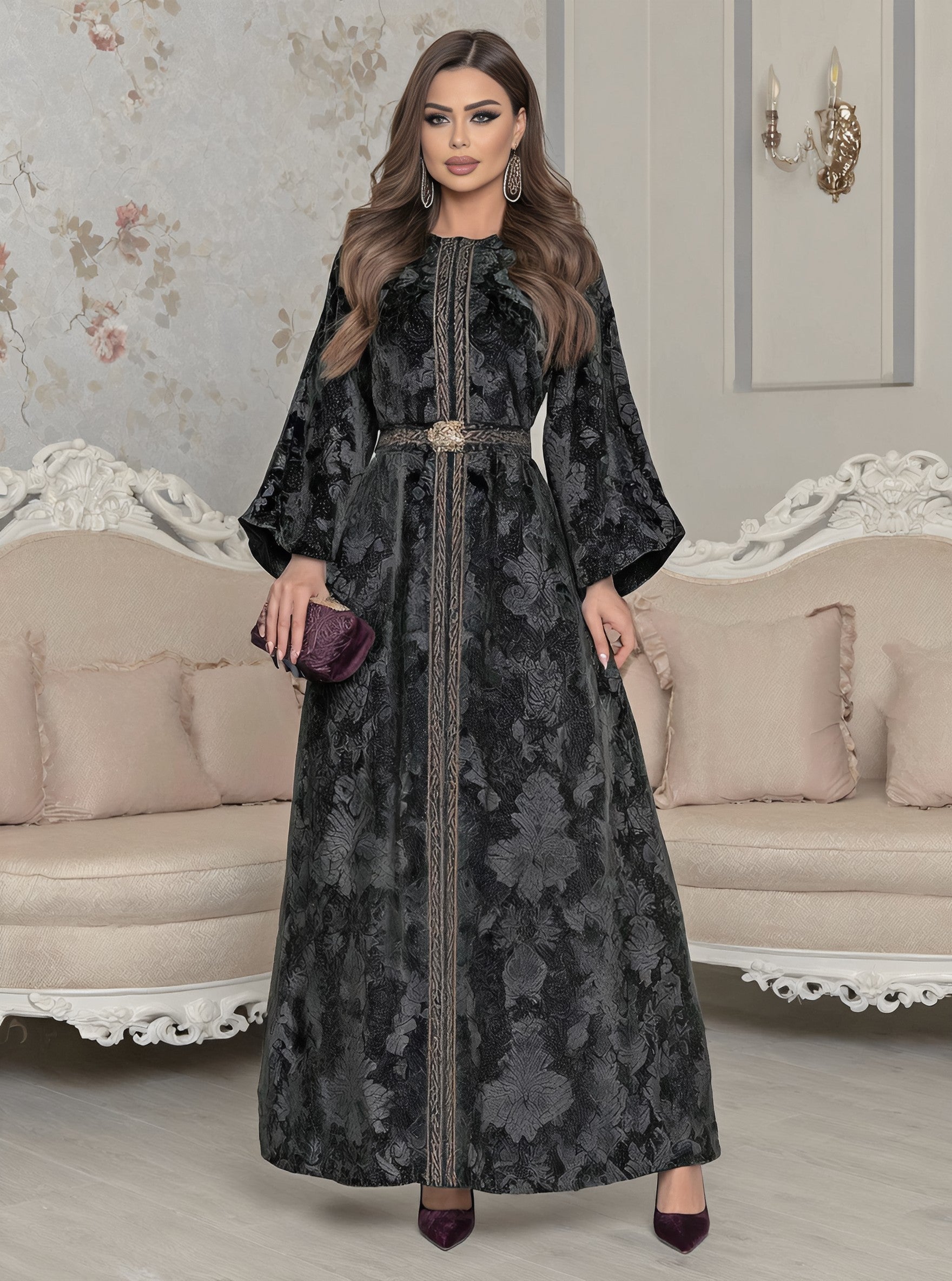 Autumn Jalabiyas Women's Casual Long Dress Round Neck Sleeve Style A-Line Skirt Arab Robe Fashion Middle East Clothing