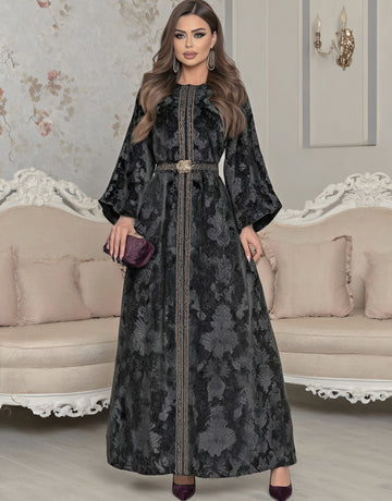 Autumn Jalabiyas Women's Casual Long Dress Round Neck Sleeve Style A-Line Skirt Arab Robe Fashion Middle East Clothing