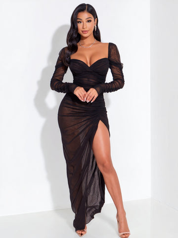 2025 Autumn Women's Dresses Elegant Plain Long Sleeve Sweetheart Neck Side Slit Sexy Sheer Maxi Evening Dress