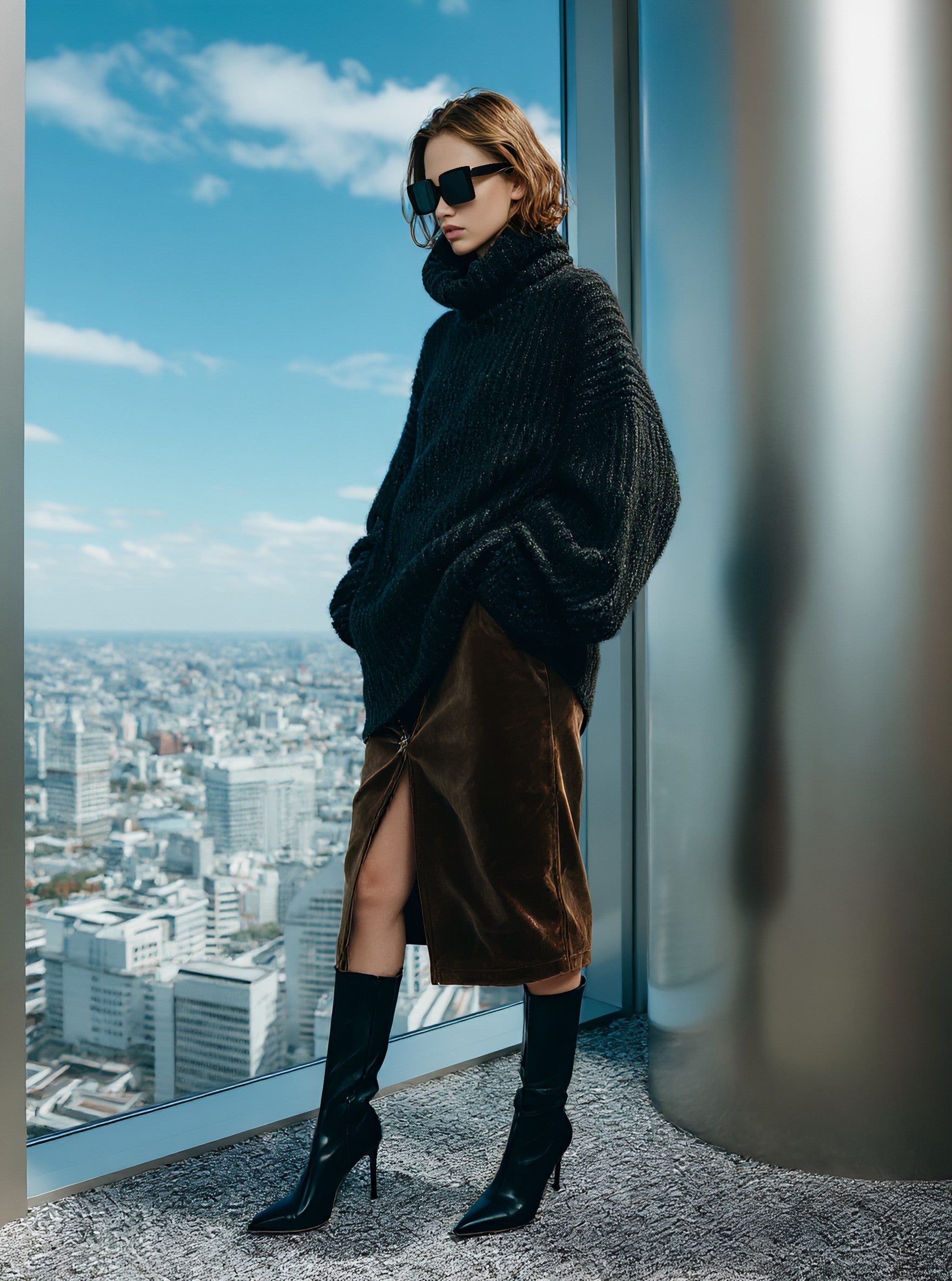 Loose Fit High Collar Lantern Sleeve Sweater Casual Style Long Sleeve Autumn Top Comfortable Regular Length Women's Knitwear