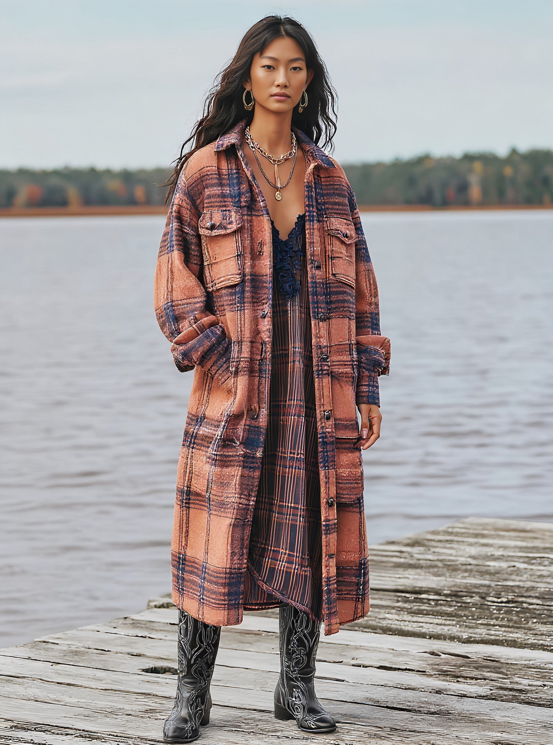 Casual Style Regular Length Coat Spring Dress Autumn Fashion Women's Top Outerwear Long Sleeve Plaid