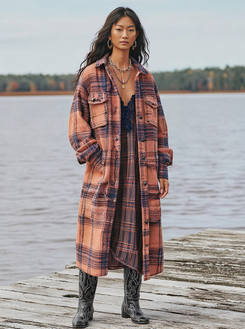 Casual Style Regular Length Coat Spring Dress Autumn Fashion Women's Top Outerwear Long Sleeve Plaid