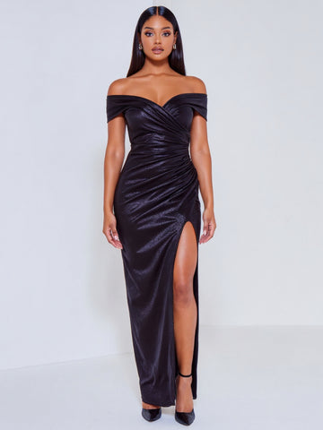 2025 Summer Women's Dresses Sexy Solid Color Short Sleeve Off Shoulder Side Slit Elegant Maxi Evening Dresses