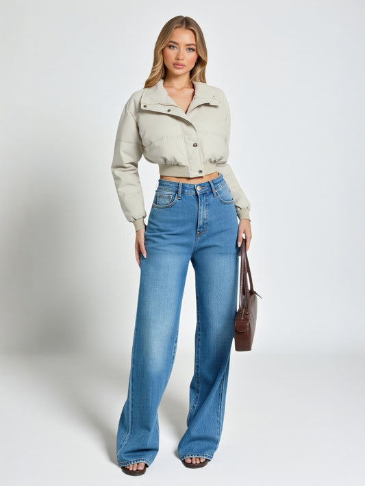 Women's Vintage Warm Winter Cotton-Padded Coat Stand Collar Zipper Elasticated Waist Short Design Sense Jacket