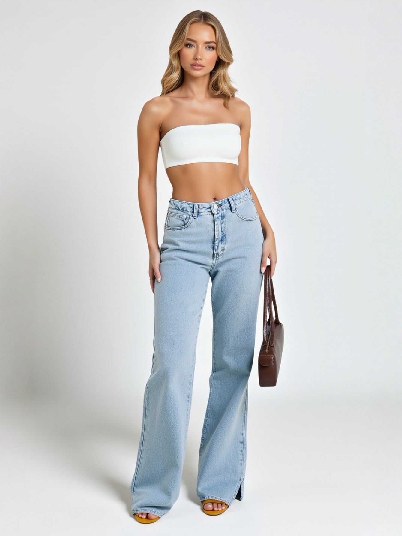 Autumn Denim Pants Mid-Waist Elegant Casual Style Selected Split Design Washed Trendy Female Jeans