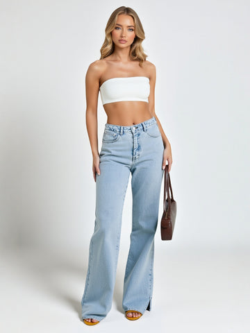 Autumn Denim Pants Mid-Waist Elegant Casual Style Selected Split Design Washed Trendy Female Jeans