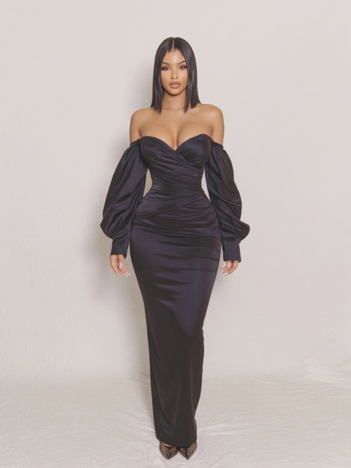 Women's 2025 Summer Fashion Dresses Long Sleeve Off Shoulder Plain Daily Skinny Fit Dresses