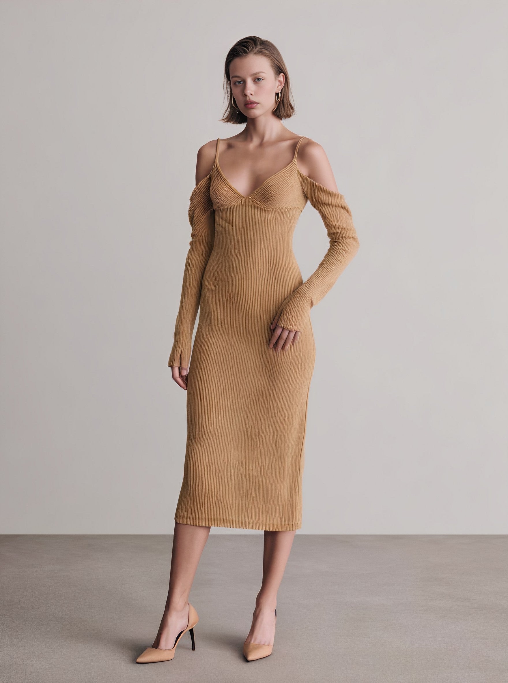 Autumn Tight Fit Casual Style Midi Dress With Sling Strap Straight Skirt No Collar Women's Fashion Clothing