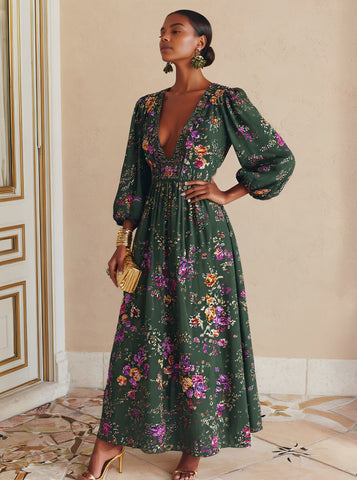 Casual V-neck Lantern Sleeve Midi Dress Bodyfit A-line Skirt Style Autumn Fashion Women's Clothing