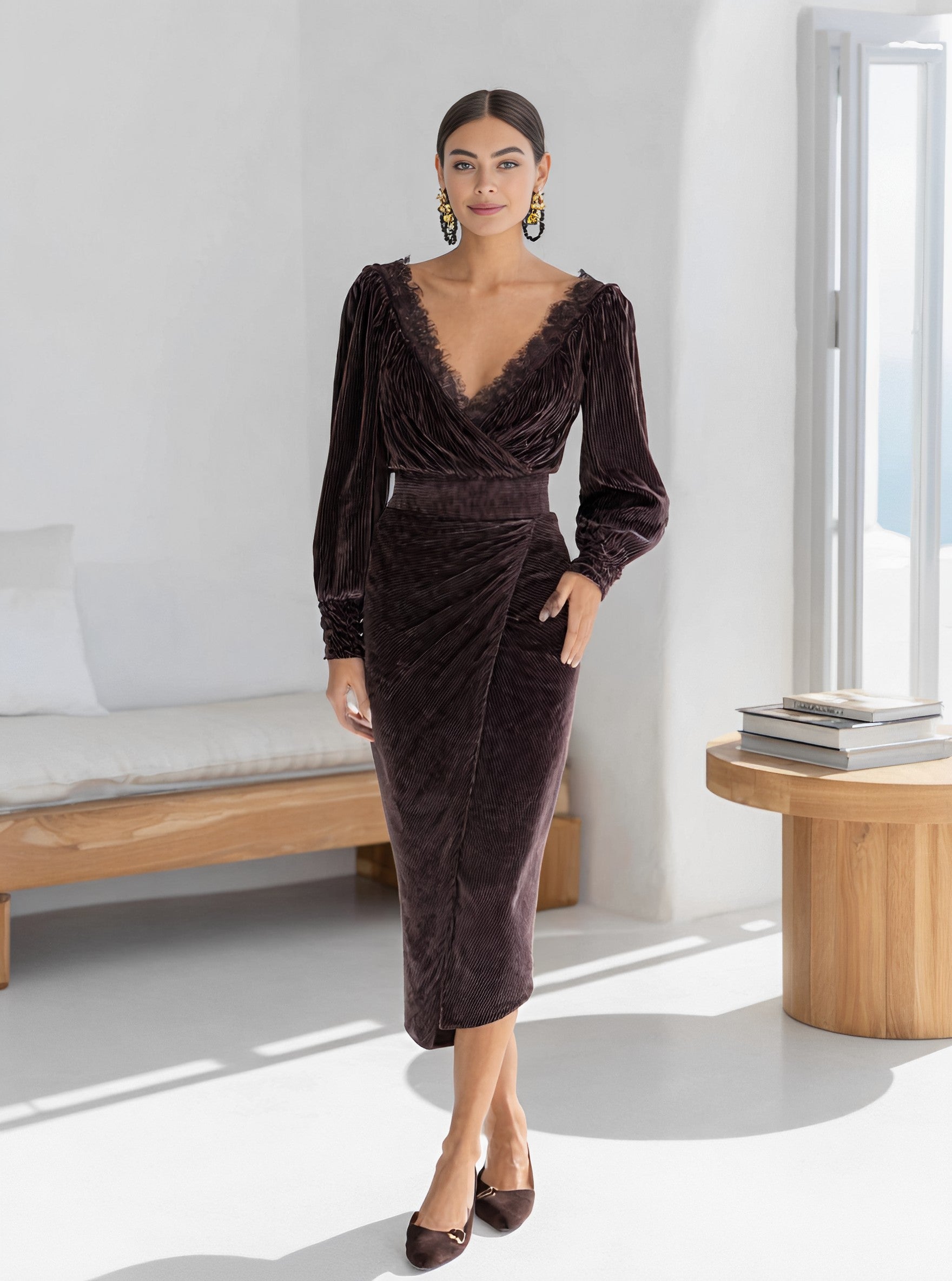 Casual Fit Midi Dress With Lantern Sleeves And V-Neck For Autumn Season Comfortable Wrap Style Women's Fashion Dress