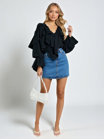 Women's Autumn French Elegant Solid Color Flounce Flare Sleeve V-Neck Casual Blouses