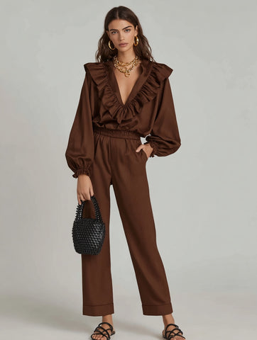 Women's Autumn Sets Wild High Street Solid Color Long Sleeve Plunge Neck Flounce Natural Waist Straight Ankle Sets