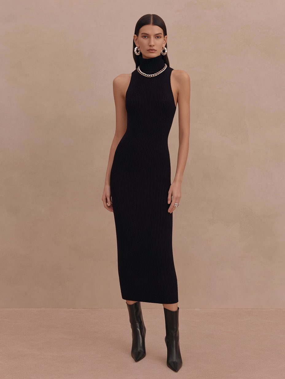 Autumn High Neck Sleeveless Tight Midi Dress Casual Length To Knee Women's Dress Fashion Style Comfortable Fit Gown