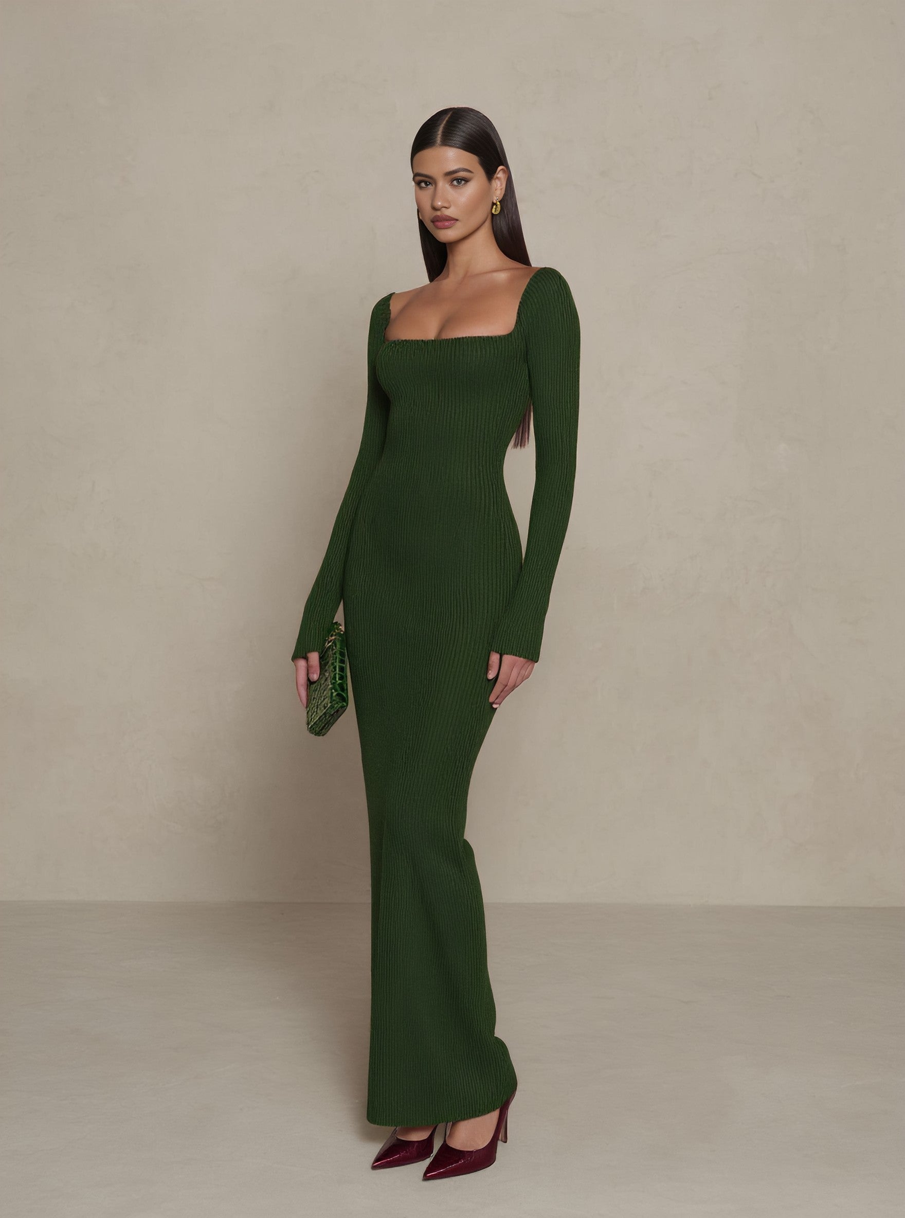 Autumn Tight Fit Dress Square Collar Mid-Length A-Line Skirt Casual Style Straight Sleeve Length Women's Fashion Dress