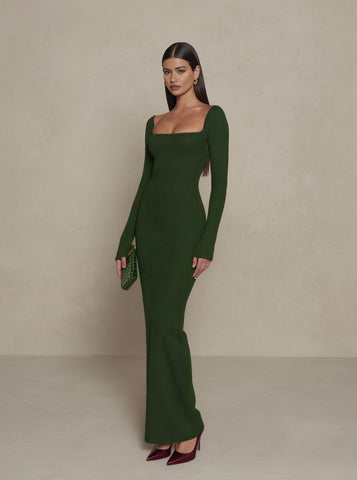 Autumn Tight Fit Dress Square Collar Mid-Length A-Line Skirt Casual Style Straight Sleeve Length Women's Fashion Dress