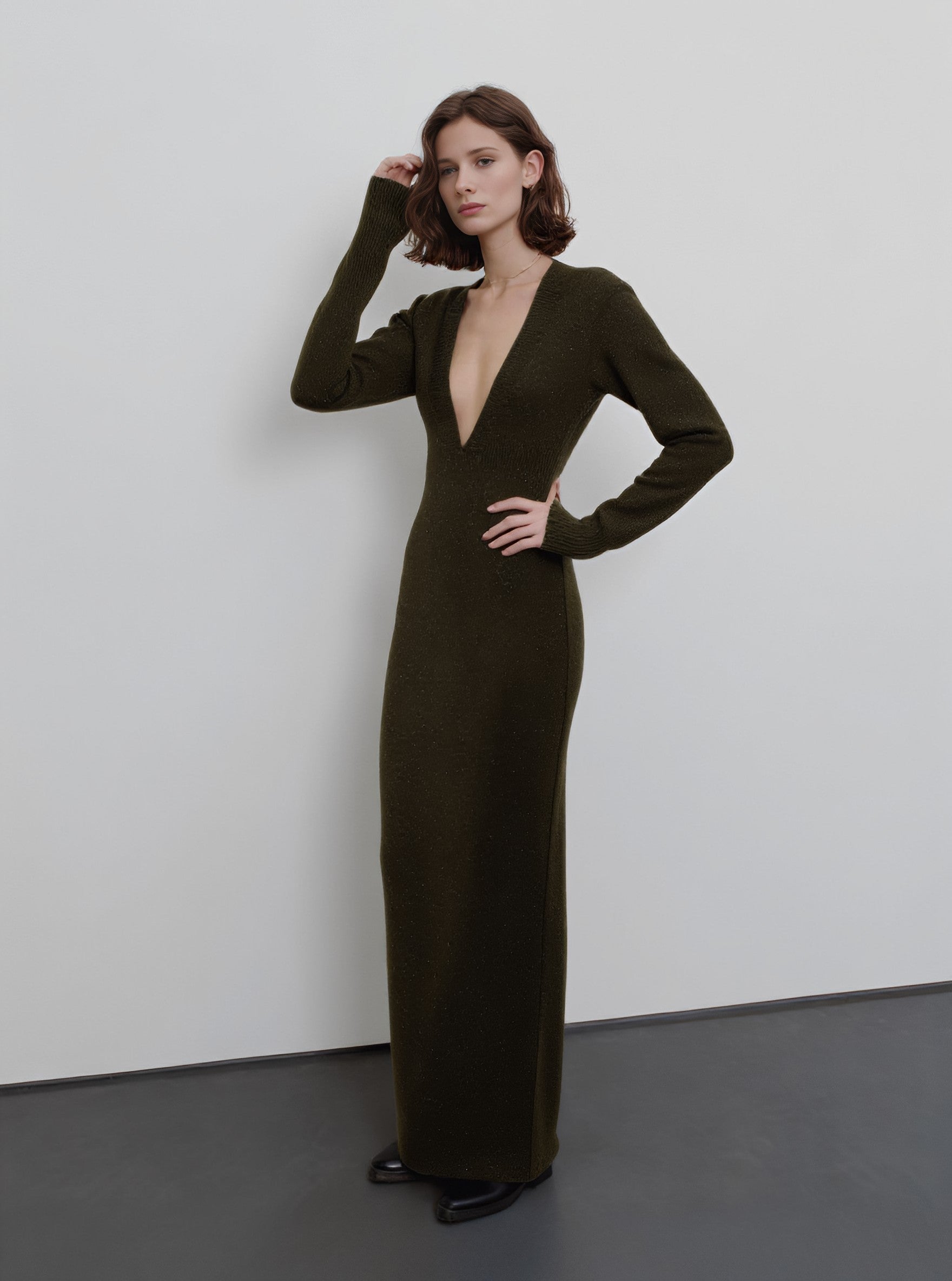 Autumn Tight Fit Dress With V-Neck Long Straight Sleeve Floor-Length Casual Style A-Line Skirt Women's Clothing