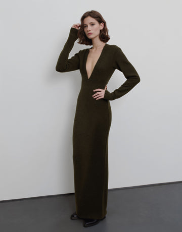 Autumn Tight Fit Dress With V-Neck Long Straight Sleeve Floor-Length Casual Style A-Line Skirt Women's Clothing