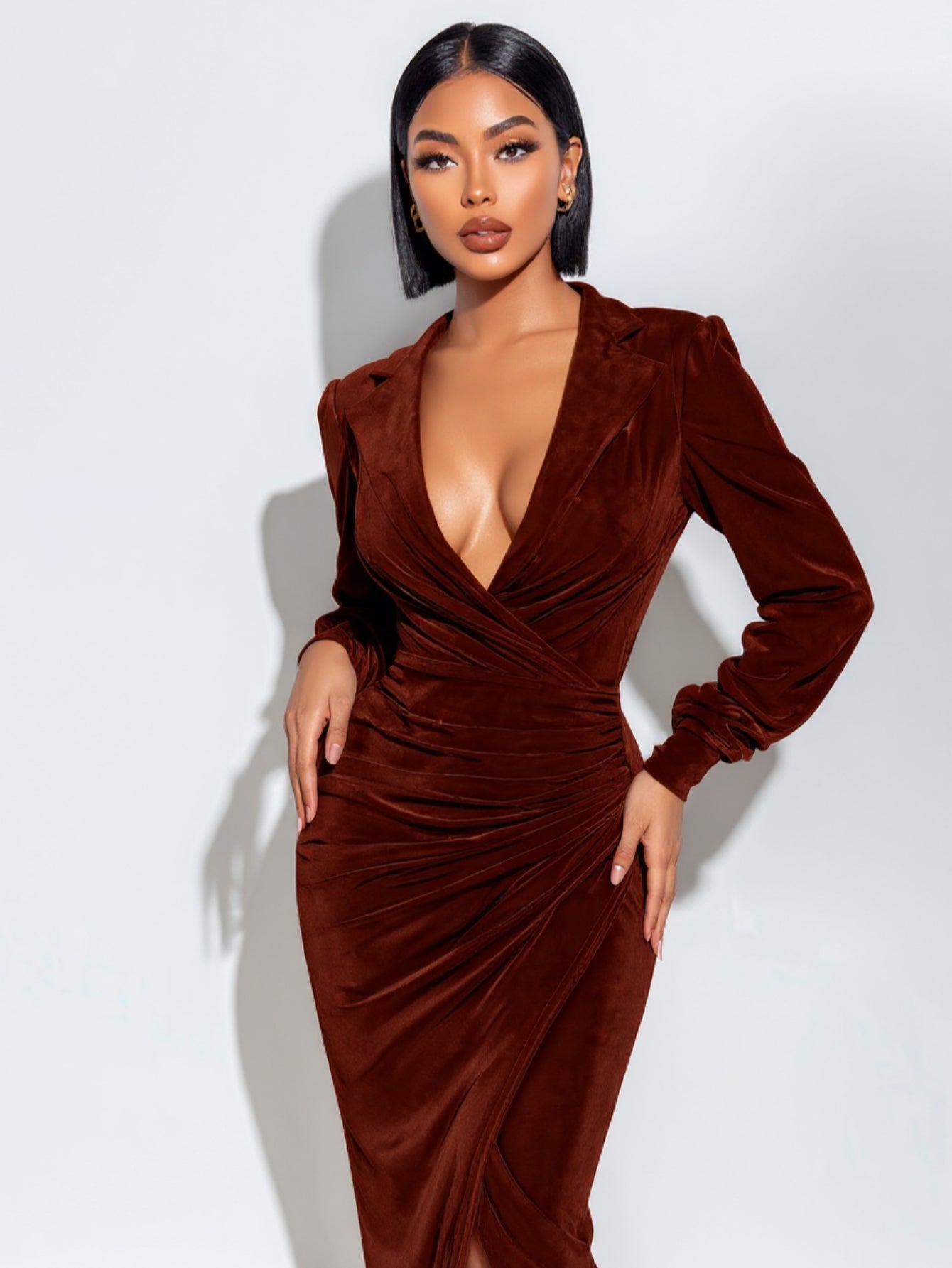 2025 Autumn Women's Dresses Sexy Plain Long Sleeve Plunge Neck Lapel Side Slit Elegant Midi Evening Dresses