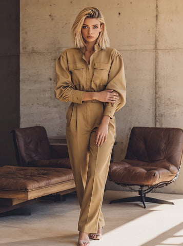 Autumn Sets 2025 Women's Plain Long Sleeve Shirt Collar Shirts Pockets Full Length Pants Basics Sets