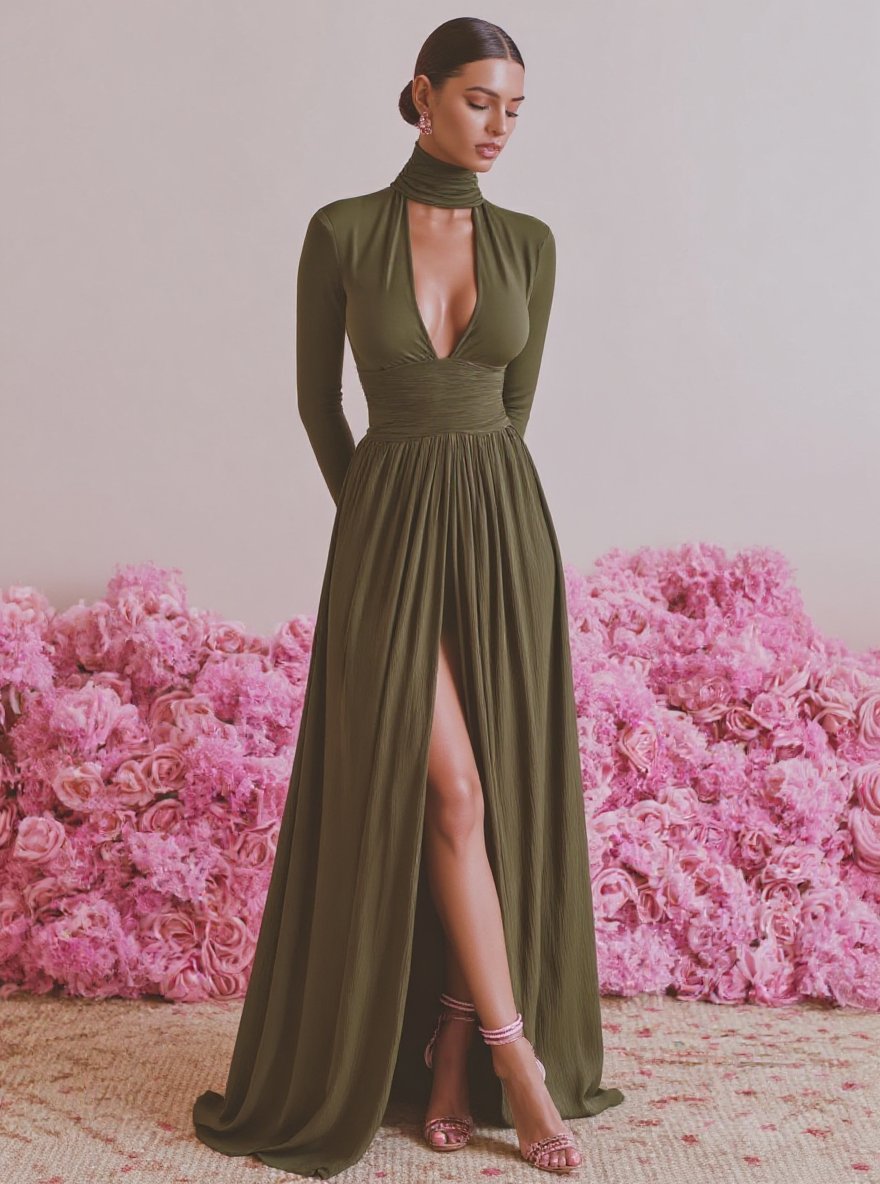 Women's Dresses Autumn Winter Fashion 2025 Plain Long Sleeve Halter Neck Maxi A-line Sexy Club Dresses