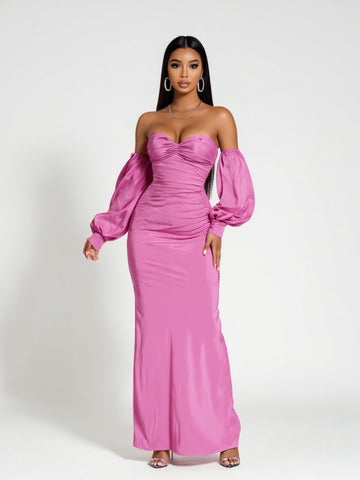 2025 Summer Women's Dresses Sexy Solid Color Sleeve Cover Strapless Off Shoulder Decent Maxi Evening Dresses