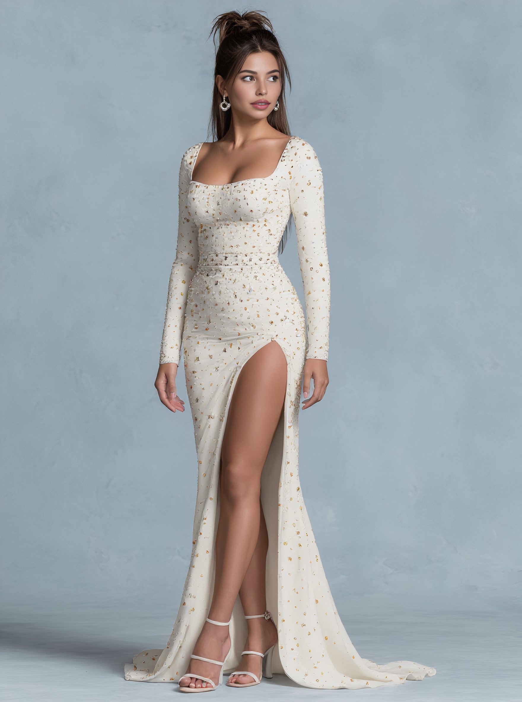 Autumn Tight Fit Floor Length Party Dress With Straight Sleeve Square Collar A-Line Skirt Style For Women