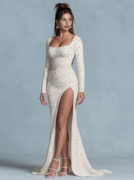 Autumn Tight Fit Floor Length Party Dress With Straight Sleeve Square Collar A-Line Skirt Style For Women