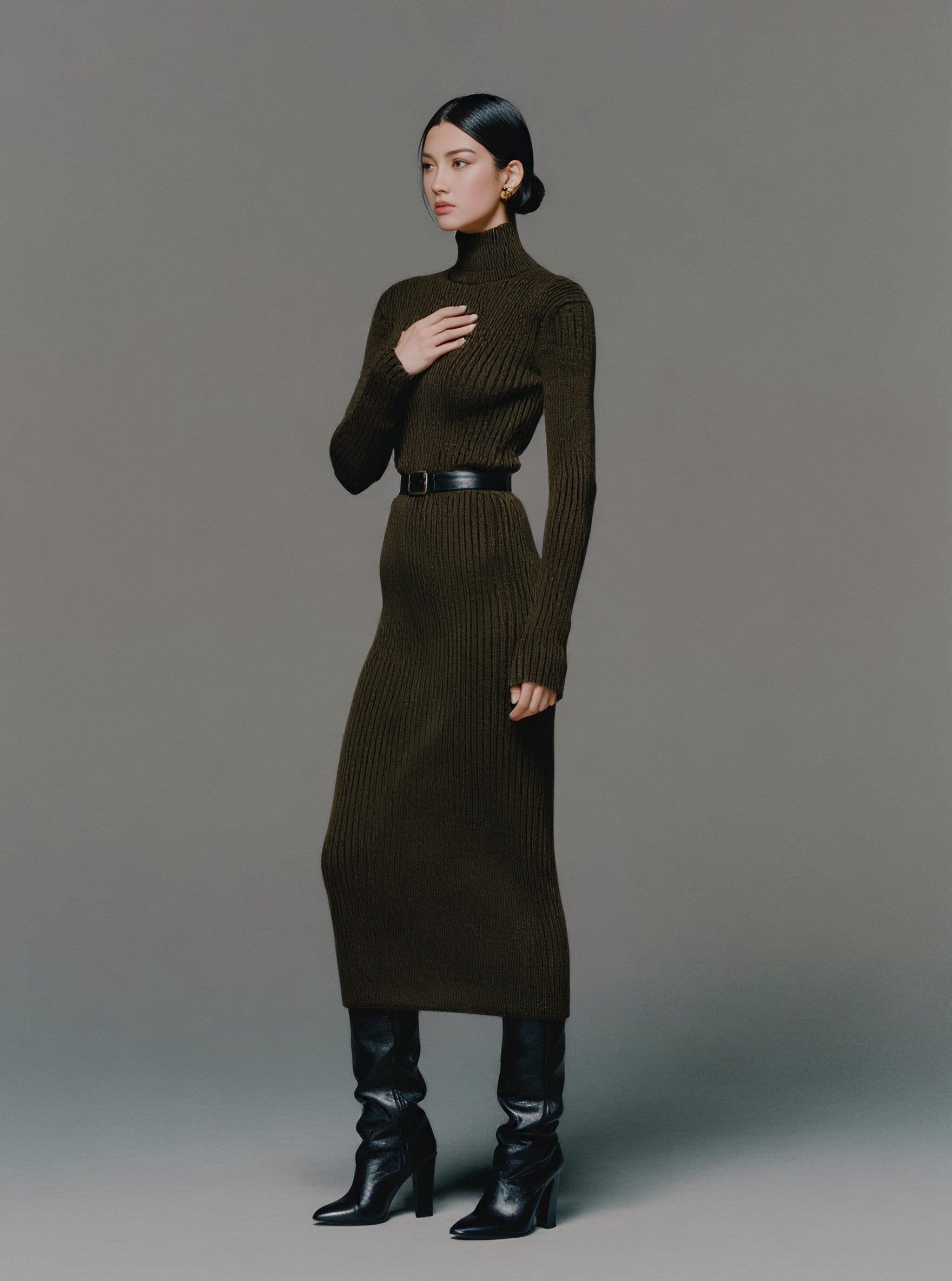 Winter Tight Fit Dress Casual High Collar Long Skirt Straight Sleeve Women's Clothing Fashion Style