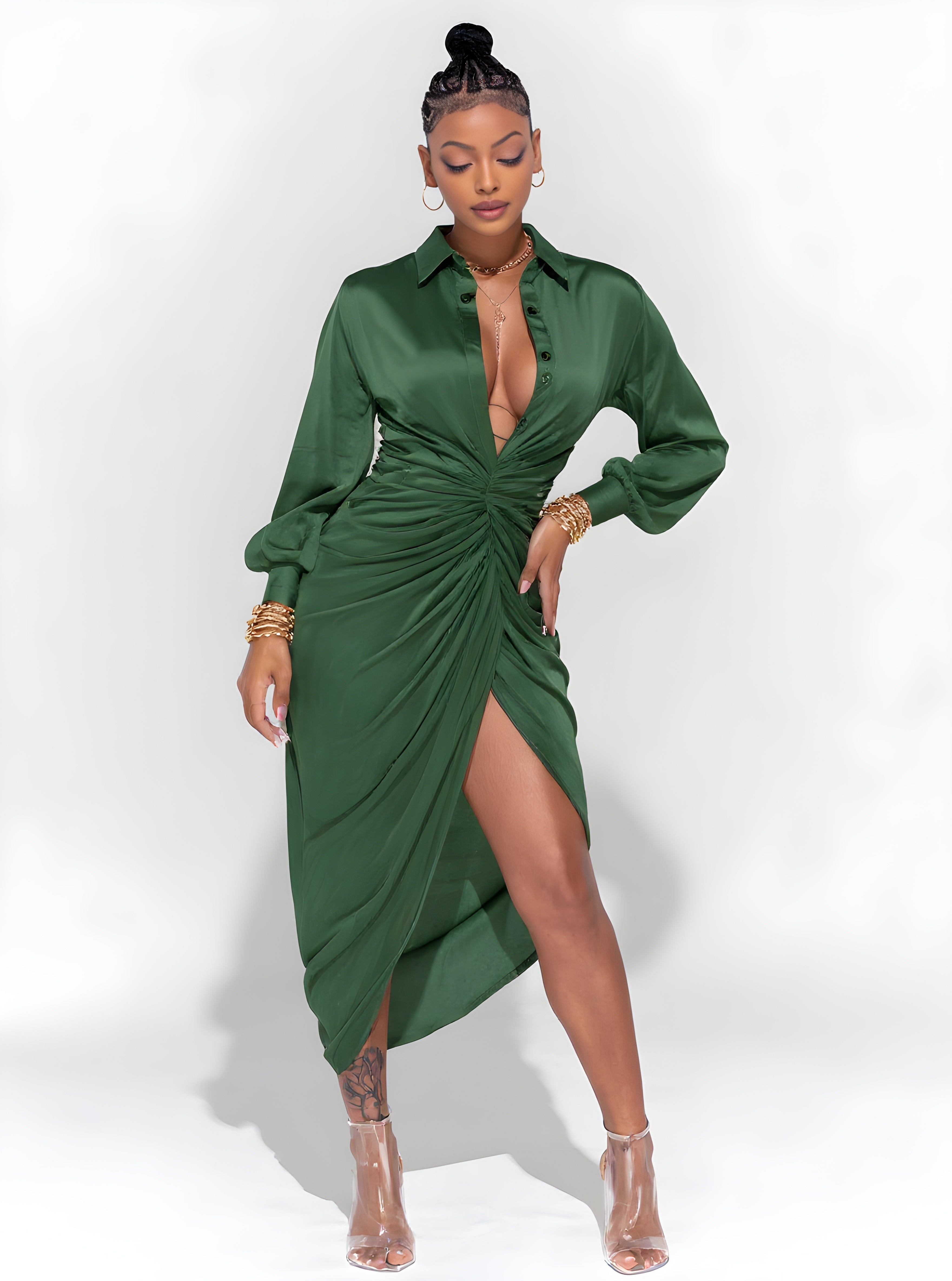 Women's Dresses Autumn Winter Elegant Edgy 2025 Chic Plain Long Sleeve Shirt Collar Wrap Midi Casual Dresses