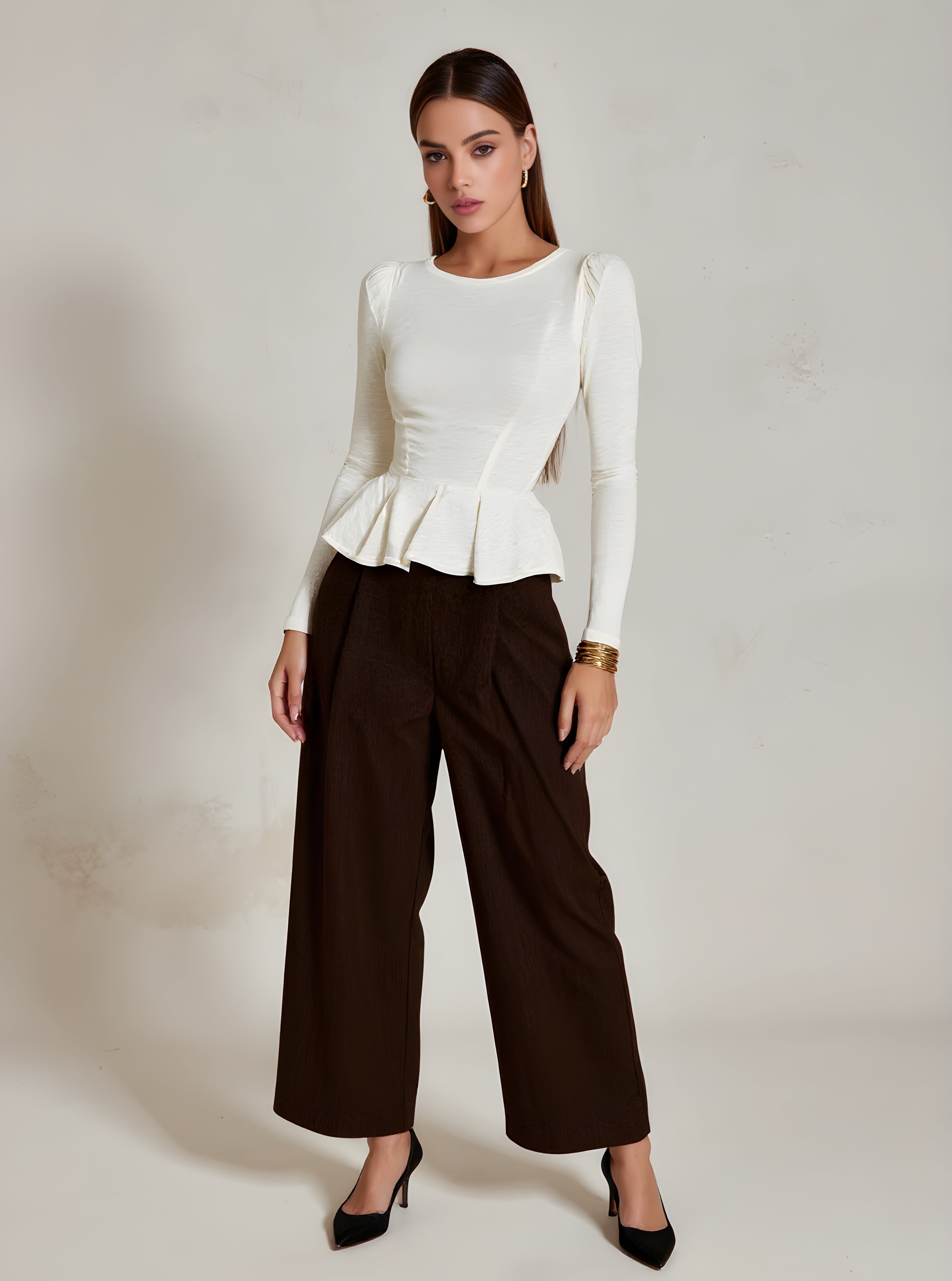 Autumn T-Shirts 2025 Women's Simple Elegant Plain Long Sleeve Round-Neck Puffy Daily Basic T-Shirts