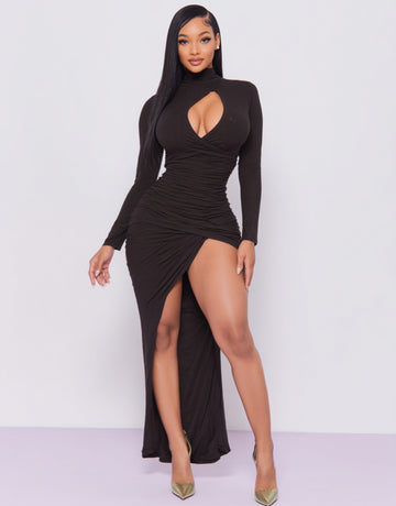 2025 Autumn Women's Dresses Sexy Plain Long Sleeve High Neck Ruched Cut-Out High-Slit Maxi Evening Dresses